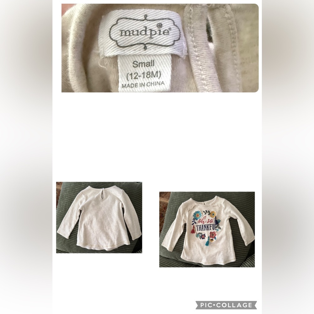 Mud Pie Girls White Long Sleeve Tee Thanksgiving Fall 12-18M